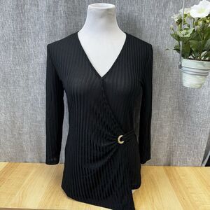 NWT Michael Kors Black Ribbed Surplice Wrap Top Gold O-Ring Hardware Small $88